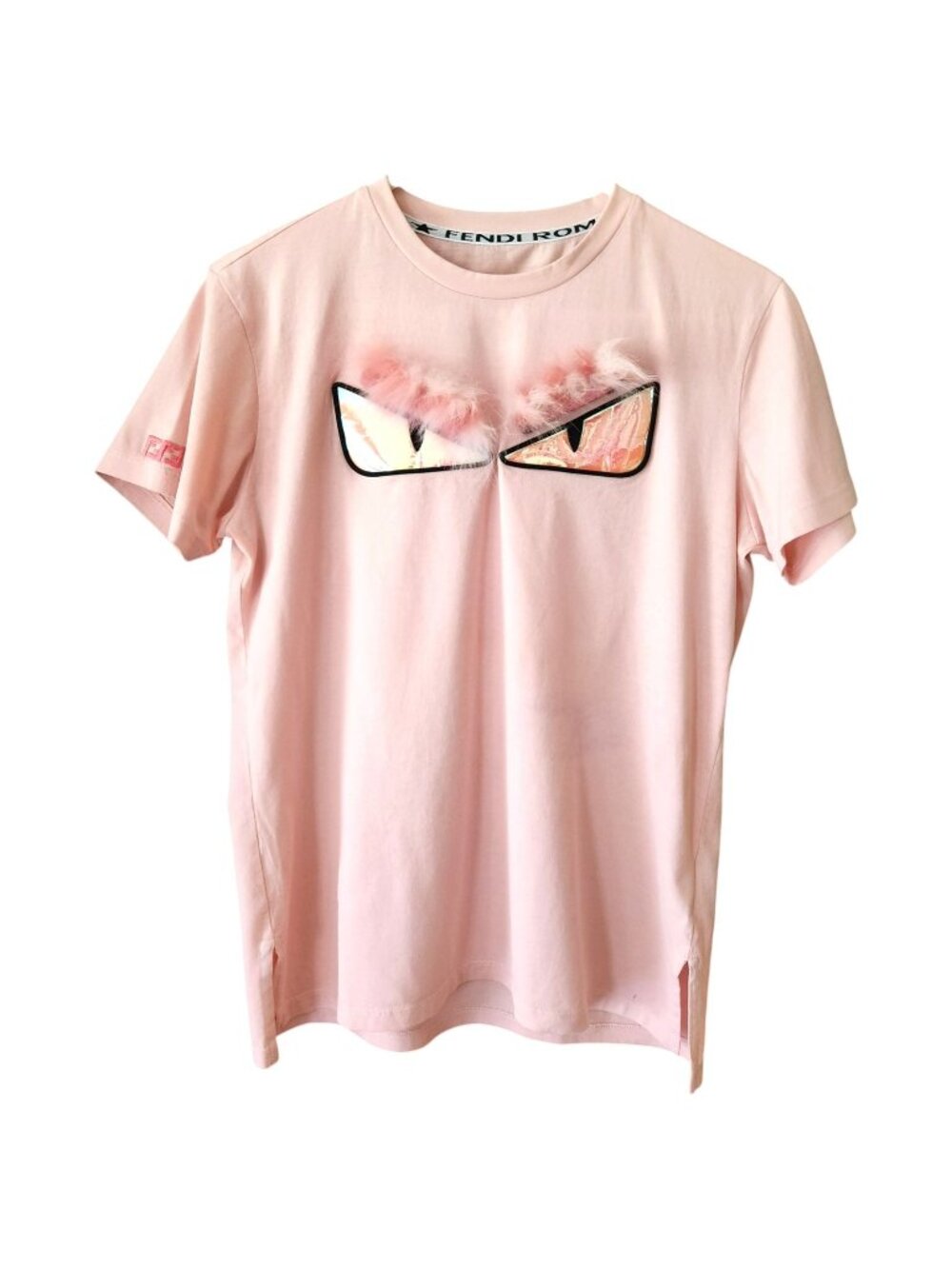 Fendi Bag Bugs Monster Eyes Blush Pink Fox Fur T-Shirt Iridescent Women's Large